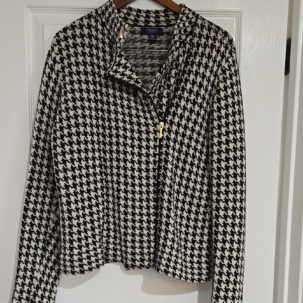 Chaps Black and White Houndstooth Cardigan
